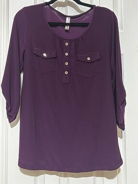 PerSeption Concept Purple Henley Pocket Long Sleeve Top